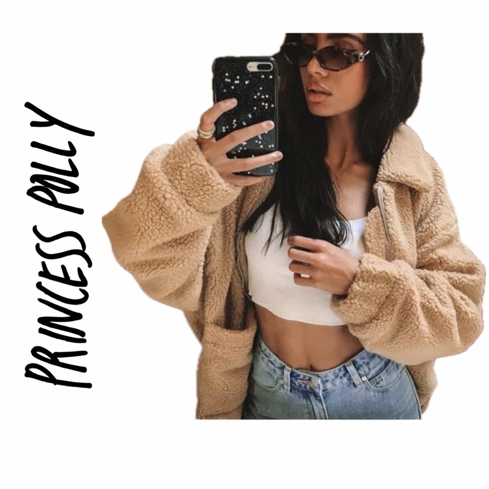 Princess Polly Sherpa Jacket Teddy Tan Full Zip Pockets Sz 6 Cozy Oatmeal core
